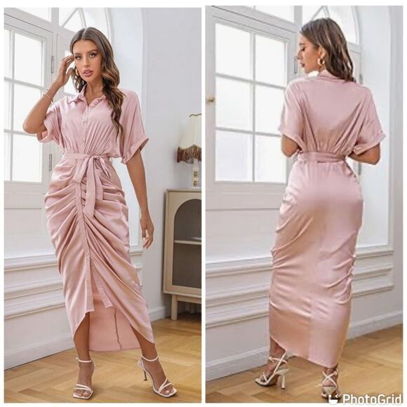 Elegant Satin Button Down Short Sleeve Maxi Shirt Dress with Belt Medium - Picture 1 of 15